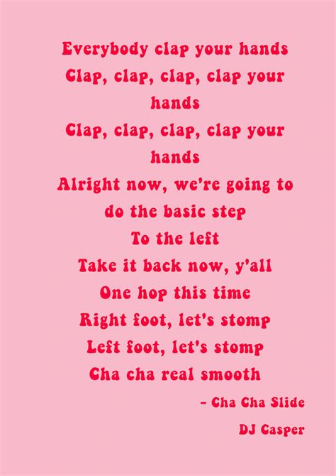 Cha Cha Slide Lyrics by The Gap Band from the Now That&39;s What I Call a Party album- including song video, artist biography, translations and more This is something new The Casper slide part two Featuring the platinum band And this time We&39;re going to get Funky. . Lyrics to cha cha slide